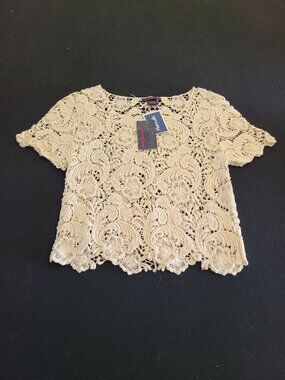Imaginary Voyage Womens Cream Lace Short-Sleeve Top Size Small 100% Cotton New W